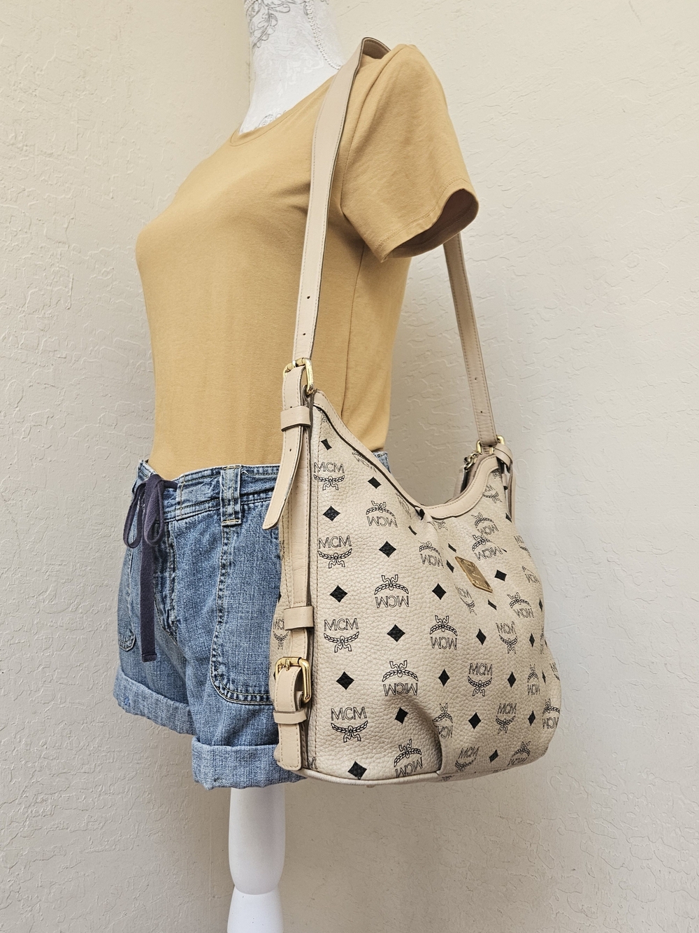 MCM Cream Monogram Medium Shoulder Bag AUTHENTIC